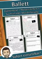 Vorschau - Unterrichtsreihen - Ballett Lückentext mit Wortspeicher Hörverstehen und Suchsel - Deckblatt