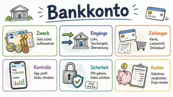 Vorschau - Arbeitsblätter - AB mit Fragen zum Thema "Bankkonto" + Lösungsblatt + Mindmap + Infografik - Seite 1
