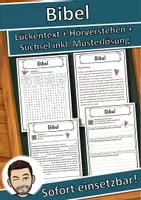 Vorschau - Unterrichtsreihen - Bibel Lückentext mit Wortspeicher Hörverstehen und Suchsel - Deckblatt