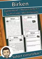 Vorschau - Unterrichtsreihen - Birken Lückentext mit Wortspeicher Hörverstehen und Suchsel - Deckblatt