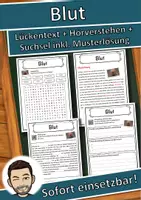 Vorschau - Unterrichtsreihen - Blut Lückentext mit Wortspeicher Hörverstehen und Suchsel - Deckblatt
