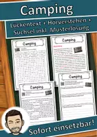 Vorschau - Unterrichtsreihen - Camping Lückentext mit Wortspeicher Hörverstehen und Suchsel - Deckblatt
