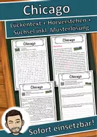 Vorschau - Unterrichtsreihen - Chicago Lückentext mit Wortspeicher Hörverstehen und Suchsel - Deckblatt