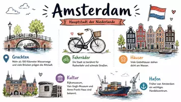 Vorschau - Arbeitsblätter - AB mit Fragen zum Thema "Amsterdam" + Lösungsblatt + Infografik - Seite 1