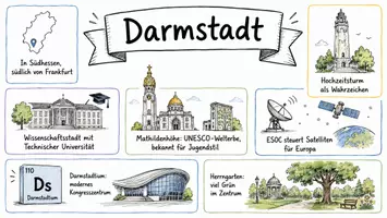 Vorschau - Arbeitsblätter - AB mit Fragen zum Thema "Darmstadt" + Lösungsblatt + Mindmap + Infografik - Seite 1
