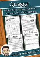 Vorschau - Unterrichtsreihen - Quagga Lückentext mit Wortspeicher Hörverstehen und Suchsel - Deckblatt