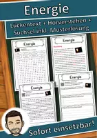 Vorschau - Unterrichtsreihen - Energie Lückentext mit Wortspeicher Hörverstehen und Suchsel - Deckblatt