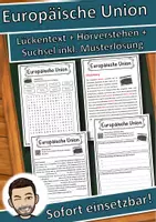 Vorschau - Unterrichtsreihen - Europäische Union Lückentext mit Wortspeicher Hörverstehen und Suchsel - Deckblatt