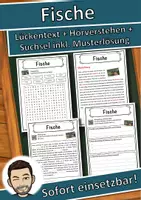 Vorschau - Unterrichtsreihen - Fische Lückentext mit Wortspeicher Hörverstehen und Suchsel - Deckblatt