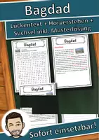 Vorschau - Unterrichtsreihen - Bagdad Lückentext mit Wortspeicher Hörverstehen und Suchsel - Deckblatt