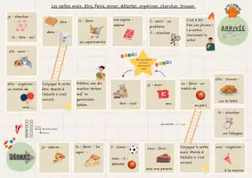 Vorschau - Spiele - Brettspiel Verben - avoir, être, faire, aimer, adorer, détester, organiser, chercher, trouver - Deckblatt