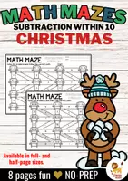 Aperçu - Feuilles d'exercices - Math Maze - Subtraction within 10 (Christmas) | Soustraction Mathématiques Noël Anglais - Page de couverture