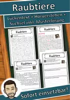 Vorschau - Unterrichtsreihen - Raubtiere Lückentext mit Wortspeicher Hörverstehen und Suchsel - Deckblatt