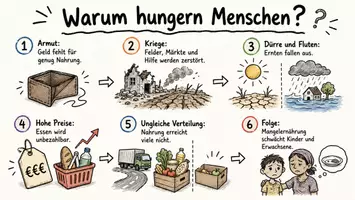 Vorschau - Arbeitsblätter - Arbeitsblätter zum Thema "Warum sind manche Menschen zum Hungern gezwungen?" + Lösung & MP3 + Mindmap + Infografik - Seite 1
