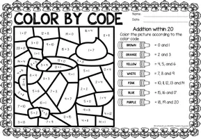 Aperçu - Feuilles d'exercices - Color by code - Addition within 20 (Winter) Hiver Additions Mathématiques Anglais - Page 2