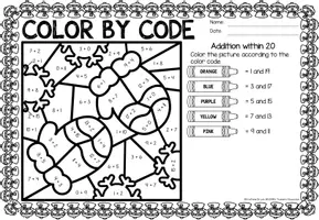 Aperçu - Feuilles d'exercices - Color by code - Addition within 20 (Winter) Hiver Additions Mathématiques Anglais - Page 3