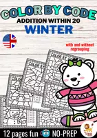 Aperçu - Feuilles d'exercices - Color by code - Addition within 20 (Winter) Hiver Additions Mathématiques Anglais - Page de couverture