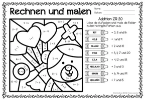 Aperçu - Feuilles d'exercices - Rechen-Mal-Blätter - Addition bis 20 (Valentinstag) Saint Valentin Additions Mathématiques Allemand - Page 2