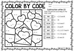 Aperçu - Feuilles d'exercices - Color by code - Subtraction within 20 (Valentine's Day) | Saint Valentin Soustraction Mathématiques Anglais - Page 2