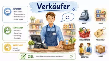 Vorschau - Arbeitsblätter - AB mit Fragen zum Thema "Verkäufer" + Lösungsblatt + Mindmap + Infografik - Seite 1