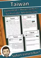 Vorschau - Unterrichtsreihen - Taiwan Lückentext mit Wortspeicher Hörverstehen und Suchsel - Deckblatt