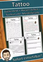 Vorschau - Unterrichtsreihen - Tattoo Lückentext mit Wortspeicher Hörverstehen und Suchsel - Deckblatt
