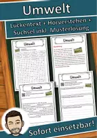 Vorschau - Unterrichtsreihen - Umwelt Lückentext mit Wortspeicher Hörverstehen und Suchsel - Deckblatt