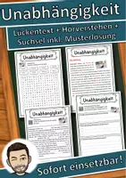 Vorschau - Unterrichtsreihen - Unabhängigkeit Lückentext mit Wortspeicher Hörverstehen und Suchsel - Deckblatt
