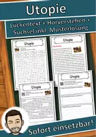 Vorschau - Unterrichtsreihen - Utopie Lückentext mit Wortspeicher Hörverstehen und Suchsel - Deckblatt