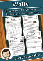 Vorschau - Unterrichtsreihen - Waffe Lückentext mit Wortspeicher Hörverstehen und Suchsel - Deckblatt
