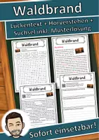 Vorschau - Unterrichtsreihen - Waldbrand Lückentext mit Wortspeicher Hörverstehen und Suchsel - Deckblatt