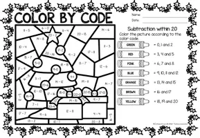 Vista previa - Hojas de trabajo - Color by code - Subtraction within 20 (Christmas) | Navidad Sumas y restas Matemáticas Inglés - página 2