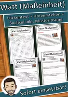 Vorschau - Unterrichtsreihen - Watt (Maßeinheit) Lückentext mit Wortspeicher Hörverstehen und Suchsel - Deckblatt