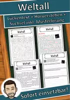 Vorschau - Unterrichtsreihen - Weltall Lückentext mit Wortspeicher Hörverstehen und Suchsel - Deckblatt