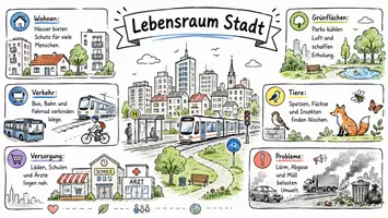 Vorschau - Arbeitsblätter - AB mit Fragen zum Thema "Lebensraum Stadt" + Lösungsblatt + Mindmap + Infografik - Seite 1