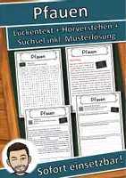 Vorschau - Unterrichtsreihen - Pfauen Lückentext mit Wortspeicher Hörverstehen und Suchsel - Deckblatt