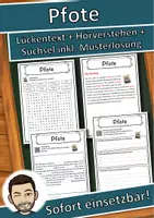 Vorschau - Unterrichtsreihen - Pfote Lückentext mit Wortspeicher Hörverstehen und Suchsel - Deckblatt