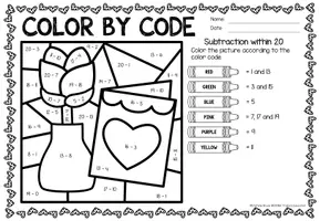Voorbeeld - Color by code - Subtraction within 20 (Valentine's Day) | Valentijnsdag Wiskunde Engels - Pagina 1