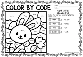 Voorbeeld - Color by code - Sight words Grade One (Easter) | Pasen Engels - Pagina 1