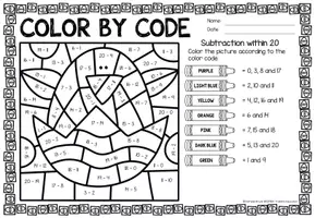 Voorbeeld - Color by Code number - Subtraction within 20 (Easter) Pasen Wiskunde Engels - Pagina 1
