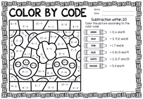 Voorbeeld - Color by Code number - Subtraction within 20 (Easter) Pasen Wiskunde Engels - Pagina 2