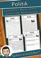 Vorschau - Unterrichtsreihen - Politik Lückentext mit Wortspeicher Hörverstehen und Suchsel - Deckblatt