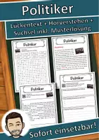 Vorschau - Unterrichtsreihen - Politiker Lückentext mit Wortspeicher Hörverstehen und Suchsel - Deckblatt