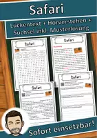 Vorschau - Unterrichtsreihen - Safari Lückentext mit Wortspeicher Hörverstehen und Suchsel - Deckblatt