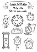 Vorschau - Mal- und Bastelvorlagen - Uhrzeiten Ausmalbild | Uhr lesen lernen kostenloses Arbeitsblatt - Seite 1