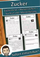 Vorschau - Unterrichtsreihen - Zucker Lückentext mit Wortspeicher Hörverstehen und Suchsel - Deckblatt