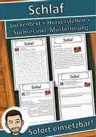 Vorschau - Unterrichtsreihen - Schlaf Lückentext mit Wortspeicher Hörverstehen und Suchsel - Deckblatt
