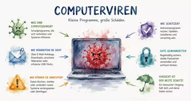 Vorschau - Arbeitsblätter - AB mit Fragen zum Thema "Computerviren" + Lösungsblatt + Mindmap + Infografik - Seite 1