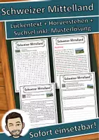Vorschau - Unterrichtsreihen - Schweizer Mittelland Lückentext mit Wortspeicher Hörverstehen und Suchsel - Deckblatt