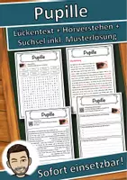 Vorschau - Unterrichtsreihen - Pupille Lückentext mit Wortspeicher Hörverstehen und Suchsel - Deckblatt